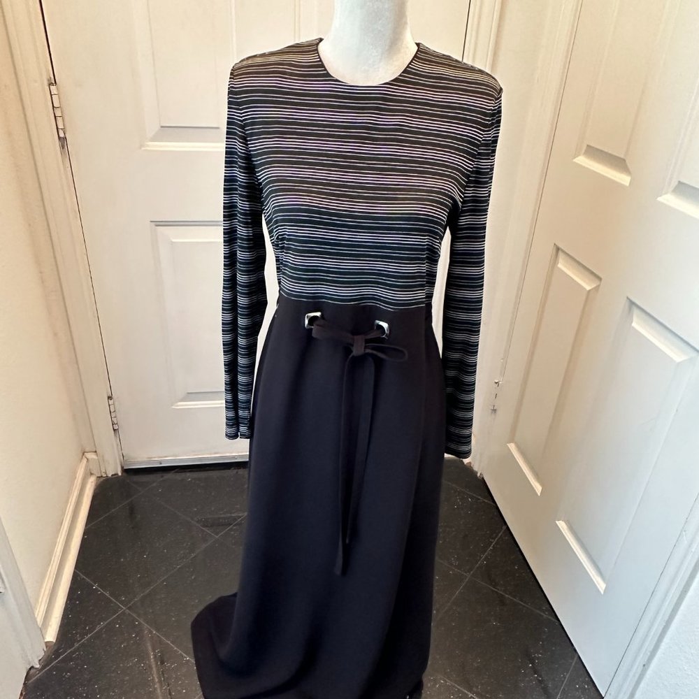 90s Black White A-Line Maxi Dress David Warren Long Sleeve Size 10